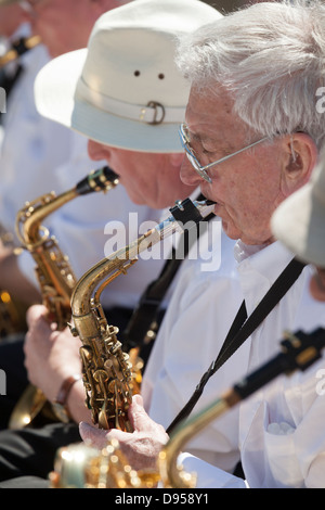 close up of saxaphone players with 1960's instrument showing patina Stock Photo