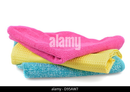 Set of colorful cloths microfiber isolated on white background. Cleaning cloth for different purposes. Stock Photo