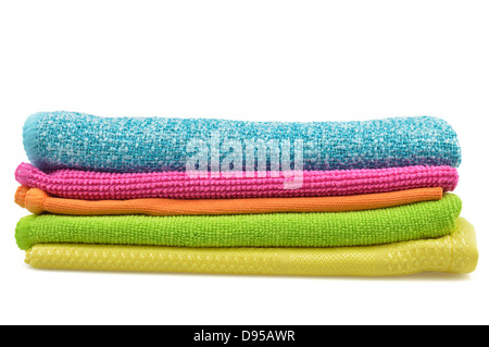 Set of colorful cloths microfiber isolated on white background. Cleaning cloth for different purposes. Stock Photo