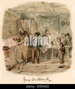 Scene from the novel 'Oliver Twist' by Charles Dickens originally published 1837-1839. Illustration by George Cruikshank (1792-1878) showing Oliver, in front of table, a hesitant new boy in the thieves' kitchen where Fagin is cooking a meal of sausages for his team of boy pickpockets. The Artful Dodger is introducing Oliver. Chromolithograph. Stock Photo