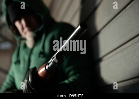 Man with Shotgun, Mannheim, Baden-Wurttemberg, Germany Stock Photo