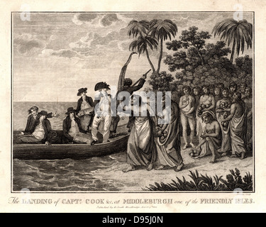 James Cook (1728-79) English explorer and navigator and hydrographer landing on the Friendly Islands (Kingdom of Tonga) in 1773. From 'Captain Cook's Original Voyages Round the World' (Woodbridge, Suffolk, c1815).  Engraving. Stock Photo