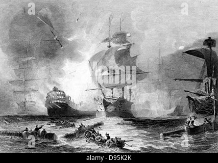 Battle of the Nile, 1 August 1798. English fleet under Nelson destroyed French fleet in Abuokir or Abu Qir Bay. Battle fought at night. French vessel 'L'Orient' exploding at about 10 o'clock. Engraving Stock Photo