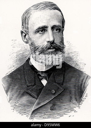 (Raymond) Gaston Plante (1834-1889) French physicist who in 1859 invented the first accumulator or electric storage battery.  It was a wet cell with two lead plates immersed in sulphuric acid, the electrolyte. Engraving from 'A travers l'Electricite' by Georges Dary (Paris, c1906) . Stock Photo