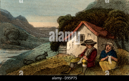 Cottagers in North Wales knitting.  All the family, male and female, would spend as much time as possible knitting stockings from the wool of local sheep. The stockings would be sold at the town of Bala, Snowdonia, Wales.  From 'Scenes in England' by the Rev. Isaac Taylor, London, 1822. Hand-coloured engraving.
