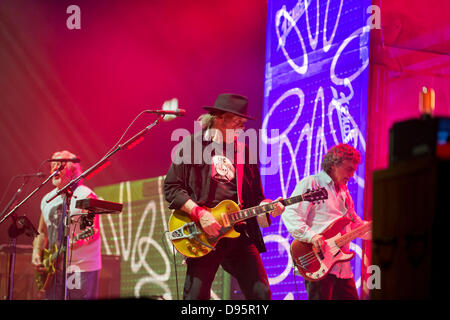 Birmingham, UK. 11th June, 2013. Neil Young and Crazy Horse in concert at NEC, Birmingham, UK. L-R Frank Sampedro, Neil Young, Billy Talbot. Stock Photo