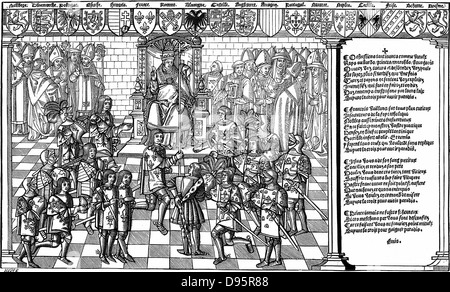 Urban II, Pope (1088-99) presiding over Council of Claremont of 1095 which launched the First Crusade. Woodcut from 'Grand voyage de Hierusalem' 1522. Stock Photo