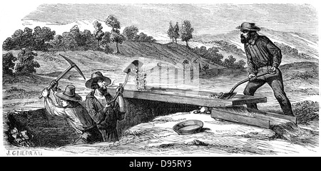 Miners washing for gold in the Californian gold fields. The apparatus they are using is called a Long Tom. From 'L'Illustration' Paris 18 June 1853. Wood engraving Stock Photo