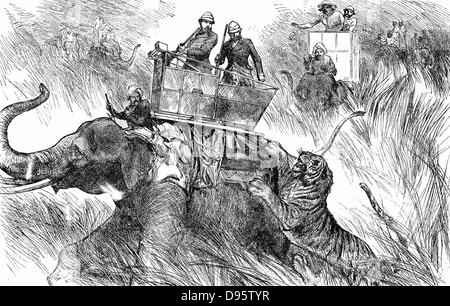 Edward, Prince of Wales (Edward VII from 1901) shooting tiger during his state visit to India in 1876. Engraving Stock Photo
