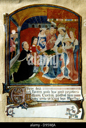 William Caxton (c1422-91) English printer, presenting to Edward IV what is considered first book printed in England 'Dictes or Sayeings of the Philosophres' 1477, translated by 2nd Earl Rivers. Stock Photo