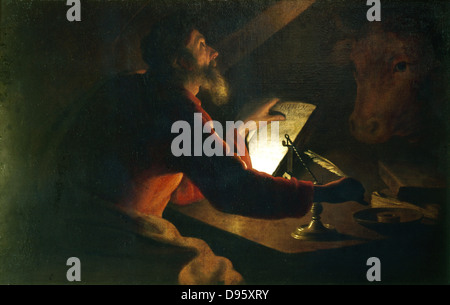 St Luke the Evangelist writing his gospel watched by his symbol, an ox. French School, 17th century. Stock Photo