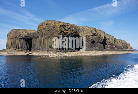 View from south east of the Isle of Staffa in the inner Hebrides of Scotland with Fingal's Cave centre Stock Photo