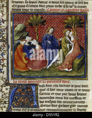 Gautier 'Mort d'Arthur'. Sir Lancelot of the Lake, Search for the Holy Grail. A scene of courtly dalliance. 14th century manuscript. Bibliotheque Nationale, Paris Stock Photo