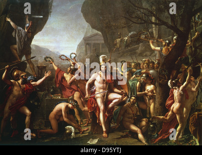 Leonidas at Thermopylae'  (1814).   Leonidas (dc480 BC) king of Sparta from 491 BC. Held pass at Thermopylae for 3 days with 300 Spartans and 700 Thespians against the Persian army. Leonidas and his followers all died.  Jacques Louis David (1748-1825) French painter. Stock Photo