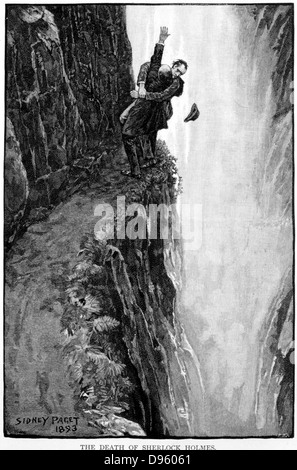 Arthur Conan Doyle 'The Adventure of the Final Problem' Strand Magazine, London, 1893. Illustrated by Sidney E. Paget (1860-1908), the first artist to draw Sherlock Holmes. Death of Holmes and Professor Moriarty plunge over the edge of the Reichenbach Falls. Stock Photo