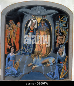 Pluto and Persephone (Proserpine) enthroned. God and goddess of the underworld, with the three-headed dog Cerberus at their feet. Females in foreground play Harp and Rebec. Men at rear left play harps. Rear right, figures are tortured by demons. 'Les Echecs amoureux' late 15th century manuscript produced for Louise of Savoy. Bibliotheque Nationale, Paris. Stock Photo