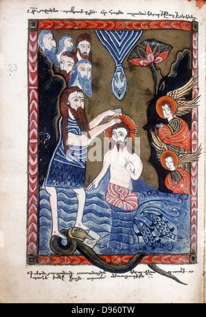 Baptism of Jesus by John the Baptist.  From Armenian Evangelistery, 1587. Manuscript. Stock Photo