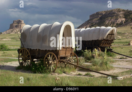 Restored covered wagons (Conestoga wagon at rear), at Scotts Bluff National Monument on the Oregon Trail in Nebraska. Digital photograph Stock Photo