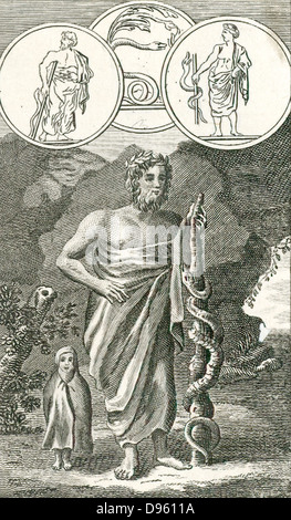 Aesculapius (Asklepios) Roman and Greek god of healing, son of Apollo and Hygeia, with his symbol of a serpent entwined round a staff.  Engraving, 1798. Stock Photo