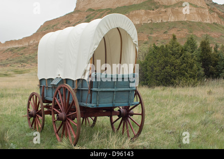 Covered wagon replica on the Oregon Trail, Scotts Bluff National Monument, Nebraska. Digital photograph Stock Photo