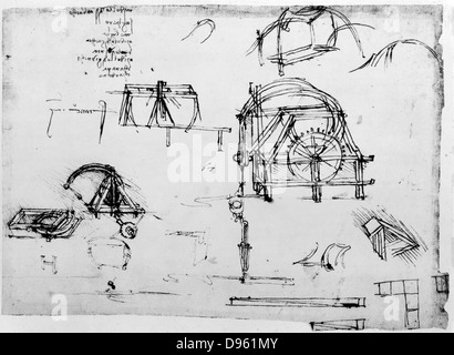 Sketch  by Leonardo da Vinci (1452-1519) for a perpetual motion device. Biblioteca Ambrosiana, Milan. Stock Photo