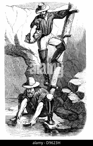 Miners panning for gold during the Californian Gold Rush.  Wood engraving published Paris 1849. Stock Photo