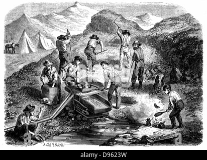 Miners washing for gold using a cradle in the: Californian gold fields. Wood engraving published Paris, 1849, the year of the  Californian Gold Rush. Stock Photo