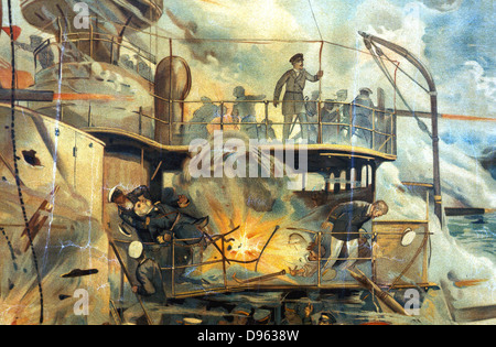 Russo-Japanese War 1904-1905: Naval battle between Russian and Japanese fleets off Port Arthur, 10 August 1904. Death of Admiral Withoeft (Witheft), the Russian commander, in explosion on his flagship 'Tsarevich' From contemporary German chromolithograph. Stock Photo