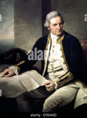 James Cook (1728-79) English explorer and navigator and hydrographer in naval uniform, seated, with hand on map of the world. Portrait by Nathaniel Dance (1735-1811) English painter. Stock Photo