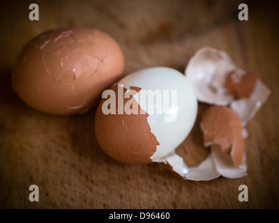Two hardboiled brown eggs, with their shells cracked, being peeled. Stock Photo