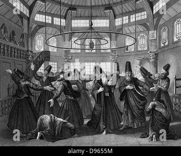 Dervishes, members of Muslim religious order founded in the 12th century, dancing and performing ritual of 'remembering' god in self-induced ecstatic trance. 19th century engraving. Stock Photo