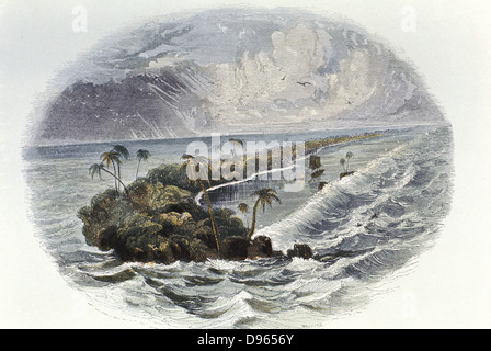 Coral Reef: hand coloured engraving published 1849. Time taken for building of coral reefs and islands was a proof used by Charles Darwin to support the theory of a long geological timescale. Stock Photo