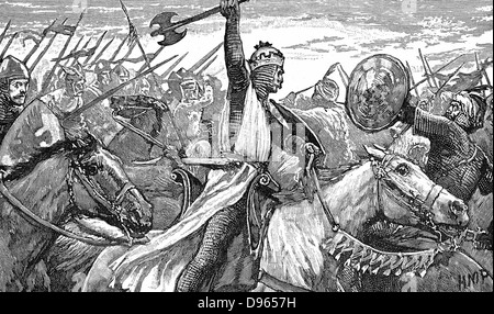 Charles Martel (c688-741) 'The Hammer' using a battle axe while repulsing the Moors at the Battle of Tours, near Poitiers, 732. King of Franks from 719. Grandfather of Charlemagne (747-814).  Wood engraving 1892. Stock Photo