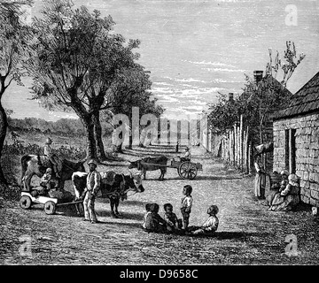 Slave quarters on a plantation in Georgia, USA. Wood engraving c1860 Stock Photo