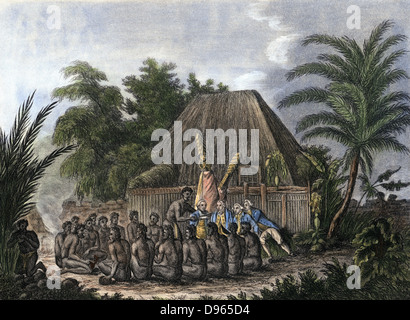 James Cook (1728-79) English navigator, explorer, and hydrographer receiving ritual tribute from Sandwich Islanders, 1779, during his third Pacific voyage. Hand-coloured engraving 1832. Stock Photo