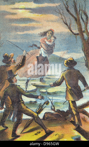 Uncle Tom's Cabin: or, Life Among the Lowly'. Illustration from poster for 1870 theatrical production. Eliza carries son across Ohio river, escaping the slave trader Haley. They are helped to safety in Canada by 'Underground Railroad'.  Harriet Beecher Stowe (1811-1896) published her anti-slavery novel in serial form in 1851-1852 and as a book in 1852. Chromolithograph. Stock Photo