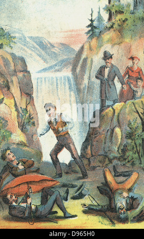 Uncle Tom's Cabin: or, Life Among the Lowly. Illustration from poster for 1870 theatrical production.   George, defending his wife and child from recapture. Family helped to safety in Canada by the 'Underground Railroad'.  Harriet Beecher Stowe (1811-1896) puiblished her anti-slavery novel in serial form 1851-1852 and as a boook in 1852, Chromolithograph. Stock Photo