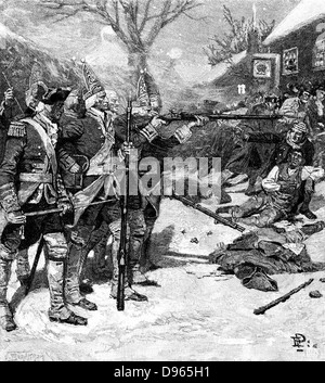 Boston Massacre, 5 March 1770.  Skirmish between British troops and crowd in Boston Massachusetts. Five protesters killed, the first being Crispus Attucks a black sailor and former slave. Wood engraving, 1883 Stock Photo