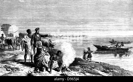 David Livingstone (1813-1873) Scottish missionary and African explorer, with members of his expedition and his wife and family discovering Lake Ngami, Botswana on l August 1849. Engraving after drawing made on the spot by Alfred Ryder.  From 'Missionary Travels and Researches in South Africa' by Daivd Livingstone (London, 1815). Engraving. Stock Photo