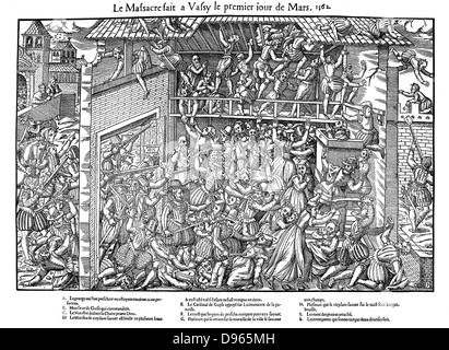 French Religious Wars 1562-1598. Massacre at Vassy l March 1562. Francois de Lorraine, 2nd Duc du Guise (1519-1563), B, directs massacre of Huguenots during a service, watched by Charles de Lorraine, Cardinal Guise (1525-1574), E, top left. Engraving by Jacques Tortorel (fl1568-1590) and Jean-Jacques Perrissin (c1536-1617) from their series on the Huguenot Wars. Stock Photo