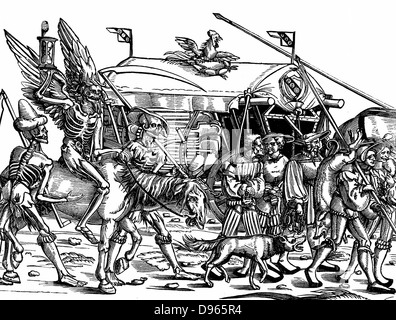 Death'. Allegorical print of War after German painter and engraver Hans Sebald Beham (1500-1550).  In background, baggage wagon with sappers' tools, including barrels of explosive. In front, soldiers carry booty including pig they have commandeered. Beh Stock Photo