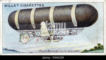 Nulli Secundus (Dirigible No. 2), First British military steerable balloon, built at British Army Balloon Factory, 1905. Made spectacular voyage over London 1907, but was shortly after destroyed in a gale at Crystal Palace. From set of cards on aviation published 1910. Chromolithograph. Stock Photo