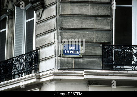 Andre Marie Ampere (1775-1836) French mathematician and physicist: Electrodynamics. Paris street sign bearing his name. Stock Photo