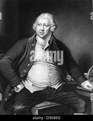 Richard Arkwright (1732-1792) British industrialist and inventor: Water-powered spinning frame. Engraving after portrait by Joseph Wright of Derby. Stock Photo