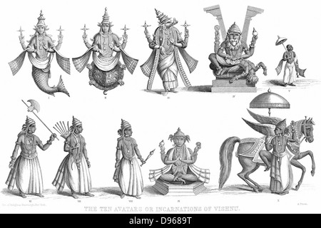 Vishnu, one of gods of the Hindu Trinity (Trimurti) in his ten incarnations or avatars. Engraving c1880 Stock Photo