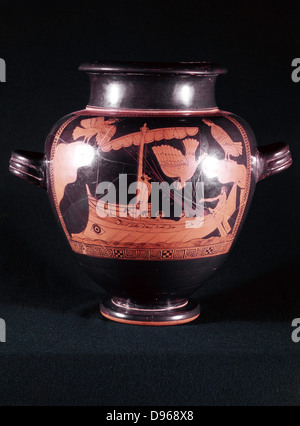 Odysseus (Ulysses) King of Ithaca: His adventures told in Homer's 'Odyssey'. Warned by sorceress Circe of irresistible song of Sirens, Odysseus stopped crew's ears with wax and had himself lashed to mast so passed their island safely. Red figure Greek vase 5th century BC Stock Photo