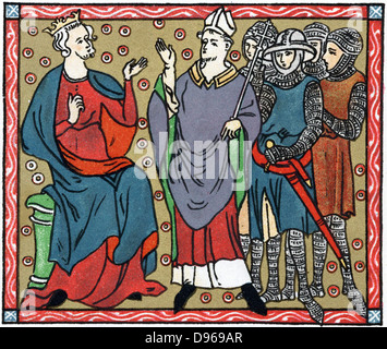 Henry II (1133-1189) King of England from 1154: Henry disputing with Thomas a Becket (1118-1170) Archbishop of Canterbury. Mailed figures are four knights who murdered Becket. Chromolithograph after medieval manuscript. Stock Photo