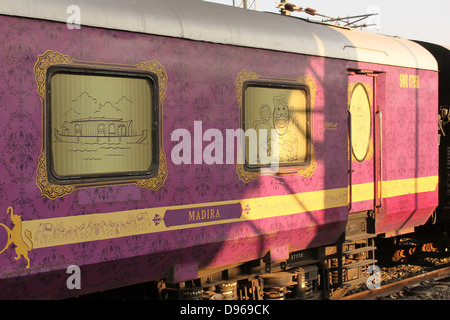 Palace on wheels, Maharaja's express, Golden chariot, Indian luxury train at station Stock Photo