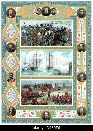 Crimean War 1853-1856: Battle of Inkerman (top) Bombardment of Sebastopol by the British fleet (centre). Egypt: Battle of Tel-el-Kebir, 1882. Oleograph c1887. Stock Photo