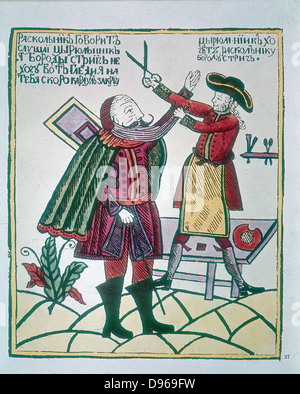 Peter I, the Great (1672-1725) Tsar of Russia from 1682 cutting a Boyar's beard. Peter was eager to westernise his subjects Stock Photo